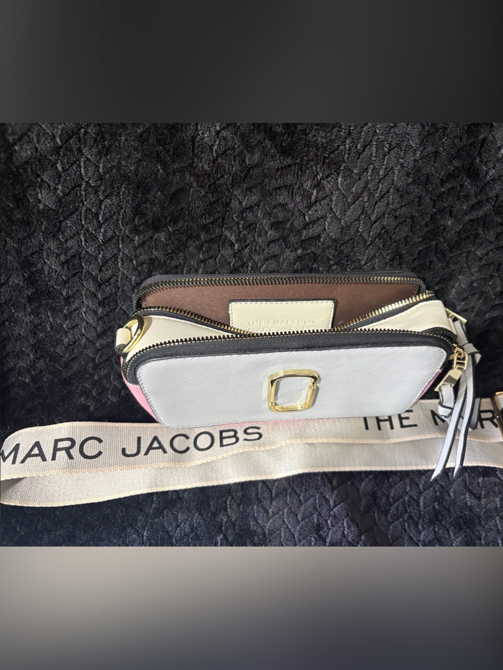 Marc Jacobs White and Pink Leather Crossbody Camera Bag with Branded Strap